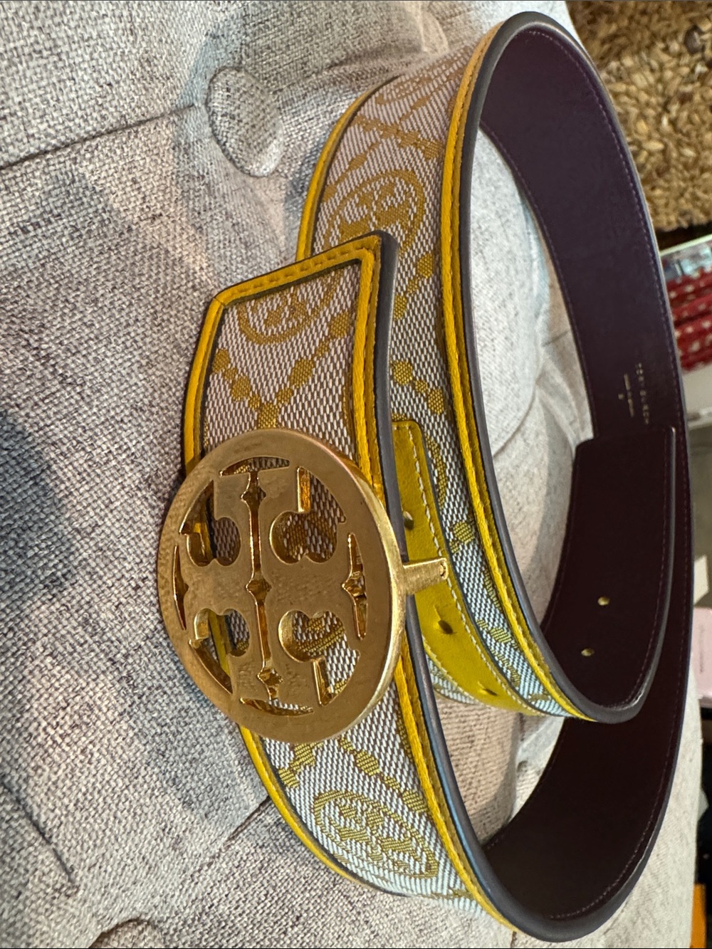 Tory Burch Yellow Trim Logo Buckle Jacquard Belt